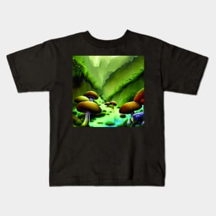 Mushrooms Near A river And Under Mountains, Cute Mushroom Aesthetic Kids T-Shirt